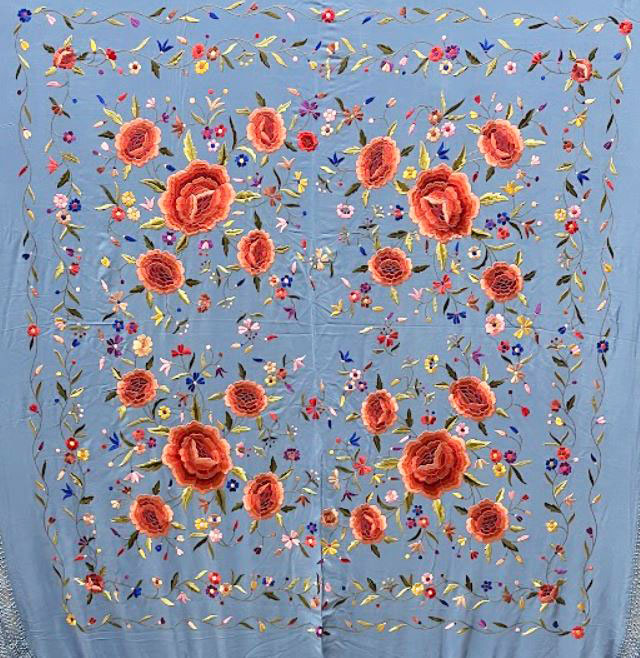 [新品］シルク100%製マントン・フラメンコ・レモンxトルコブルー刺繍 新品］シルク100%製マントン・フラメンコ・レモンxトルコブルー刺繍